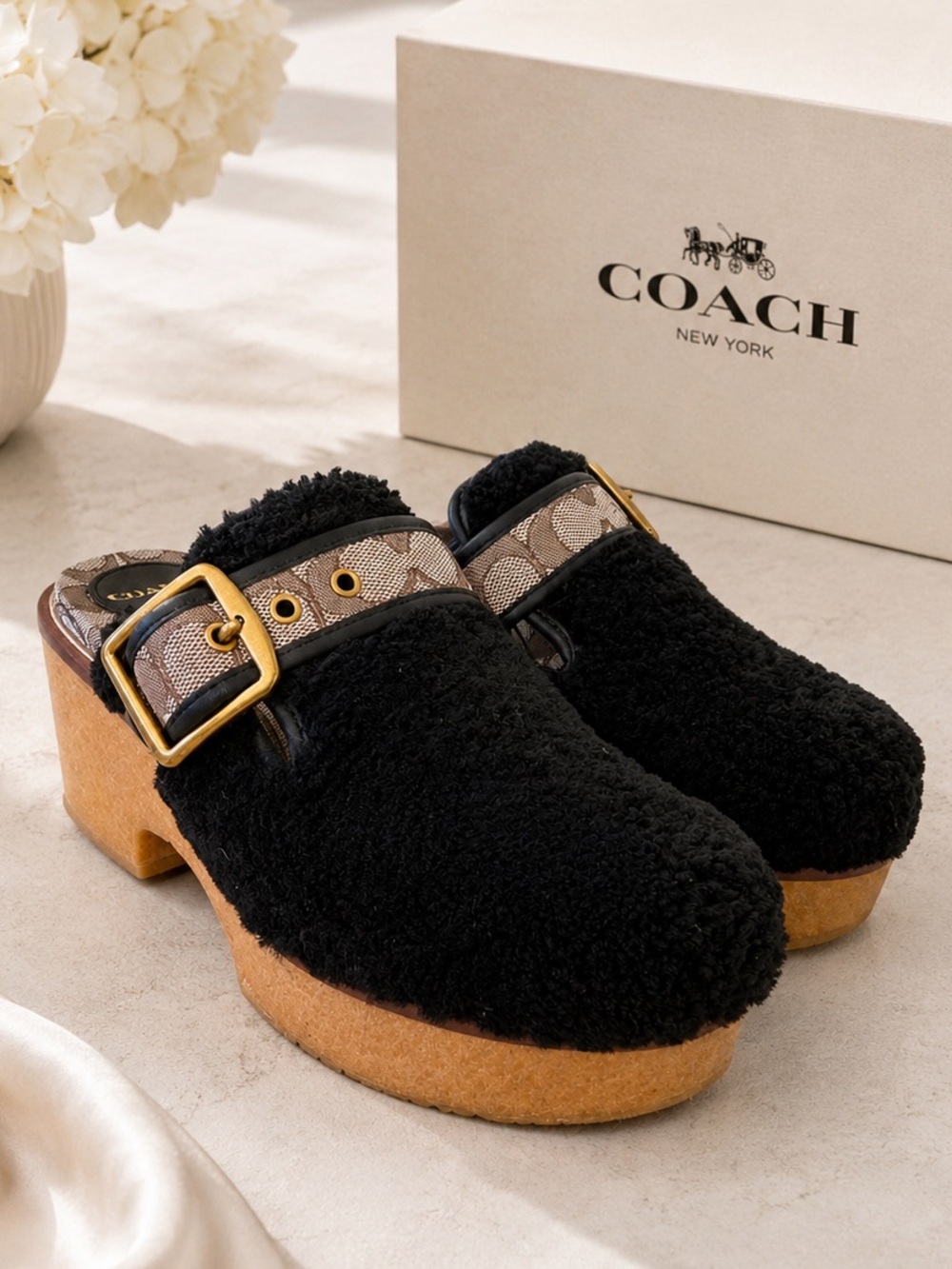 Coach Black Shearling Dylan Signature Buckle Platform Clogs Mules Size 7 NWOT